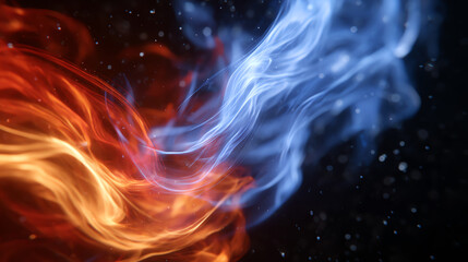 Obraz premium Dynamic blend of red and blue flames creating a mesmerizing abstract visual effect against a dark background.
