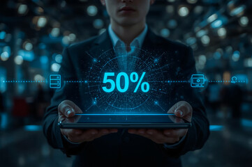Businessman hand using tablet with data host server storage icon for information exchange and transfer concept. Transfer data.