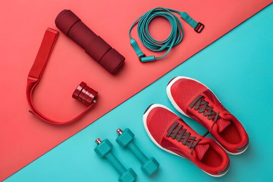 Top view of red sneakers, turquoise dumbbells, skipping rope, rolled mat and fitness accessories for cardio and strength workout on color block background
