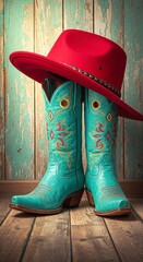 cowboy boots and cowboy hat, Red cowboy hat rests blue ornate embroidered boots on wood background. Western fashion clothes apparel, rustic country symbols for saloon, ranch party, line dance. Cowboy 
