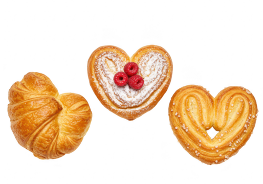 Three delicious pastries, including a croissant and two heartshaped palmier cookies, dusted with powdered sugar and topped with raspberries, isolated on a transparent background