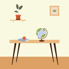 Table with globe, plant and book in cozy indoor environment during daytime. Science themed classroom interior. School geography room. Flat style vector illustration.