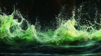 Abstract green wave splash on black background.