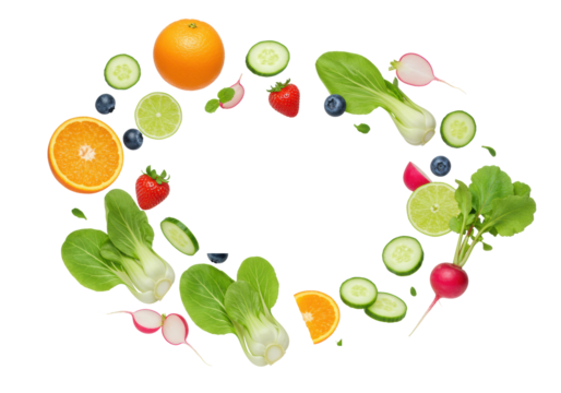 Vibrant oranges, zesty limes, ripe strawberries, blueberries, bok choy, Swiss chard, radishes, cucumber slices dynamically scattering mid-air on a stark white background with high-key lighting,