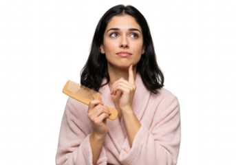 A thoughtful young woman in a bathrobe holding a comb, isolated on transparent background