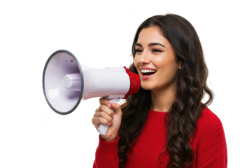 A joyful woman shouts into a megaphone, announcing news with excitement, isolated on a transparent background