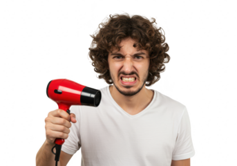 A frustrated man with curly hair glares while holding a red hairdryer, isolated on a transparent background