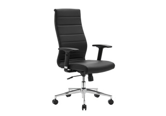 modern black ergonomic office chair with tall backrest, padded armrests, polished chrome base, and casters, in 3/4 view, isolated on transparent studio background with no shadows, perfect for product
