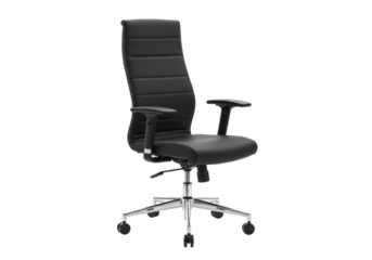 modern black ergonomic office chair with tall backrest, padded armrests, polished chrome base, and casters, in 3/4 view, isolated on transparent studio background with no shadows, perfect for product