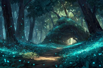 Mystical Glowing Forest Pathway At Night