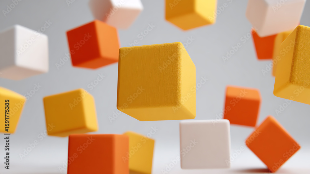 Poster vibrant floating geometric blocks in various colors, creating a playful and dynamic visual, perfect 