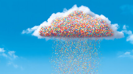 A cloud raining tiny, colorful candies.	A single, fluffy white cloud floats in the sky, and instead of rain, it is showering down a stream of tiny, colorful candies like sprinkles.

