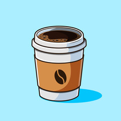 Coffee to go,  Cup of Coffee with a Brown Sleeve and a Coffee Bean Vector Illustration Cartoon Design