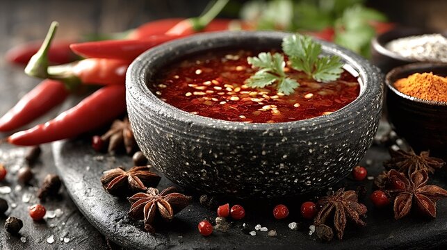 Stone bowl containing a vibrant, spicy chili sauce garnished with sesame seeds and fresh cilantro, surrounded by red chili peppers, star anise, pink peppercorns, and other spices on a dark surface - Powered by Adobe