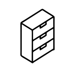 An isometric icon of a small cabinet with three drawers. Represents storage, furniture, and organization. Useful for home, office, or minimal space-saving interiors.