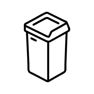 A rectangular trash bin icon in isometric view. Represents disposal, cleanliness, environment, or waste management.