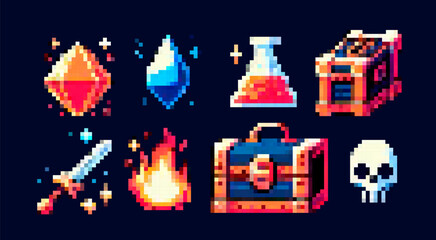 Pixel art vector illustration in retro game style, featuring RPG fantasy items: crystals, potion, chest, sword, fire, and skull. Bright red, blue, orange colors with geometric pixel shapes. © local_doctor