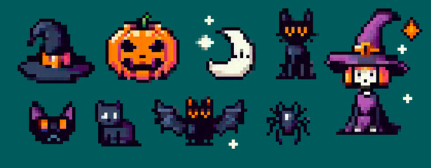 Vector illustration in pixel art style features a Halloween theme with witches, black cats, a pumpkin, bat, moon, spider, and stars.