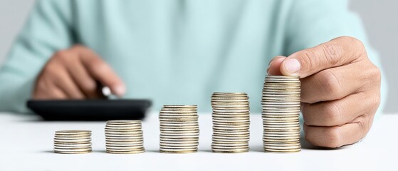 Hand Arranging Increasing Stacks of Gold Coins on White Surface with Calculator in Background