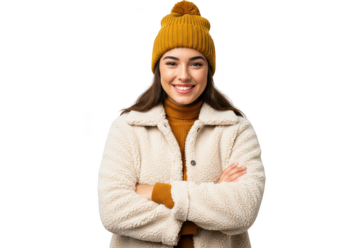 A smiling woman in a warm winter coat and beanie, with arms crossed, isolated on transparent background