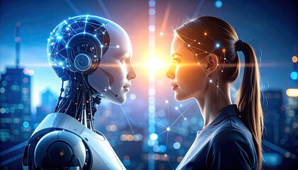 Futuristic robot and woman facing each other