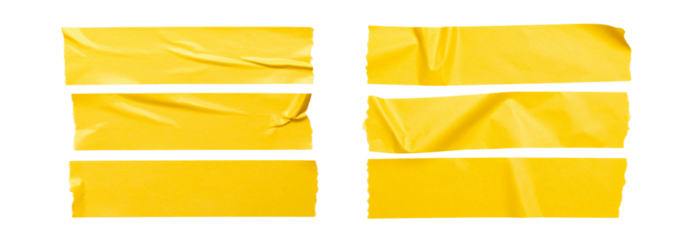 Collection set of Bright yellow paper ribbon or tape strip with torn rough edges isolated on transparent background