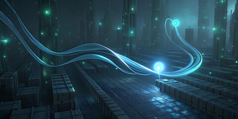A futuristic abstract city scene with glowing blue and green lights and energy waves.