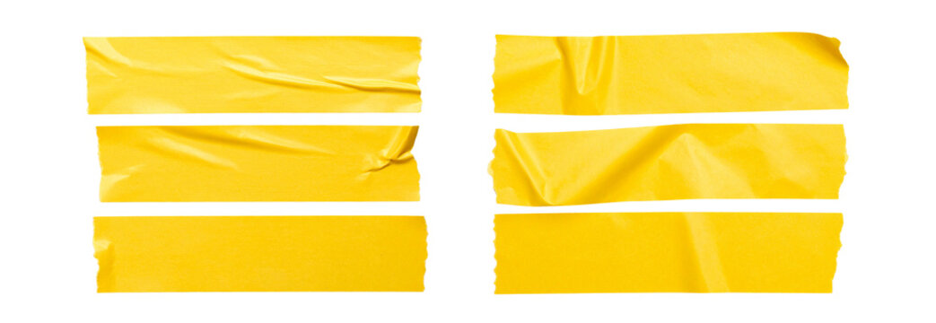 Collection set of Bright yellow paper ribbon or tape strip with torn rough edges isolated on transparent background