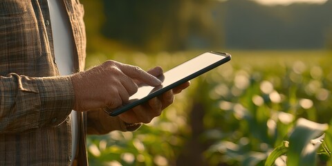 Person Using a Tablet in a Cornfield at Sunset