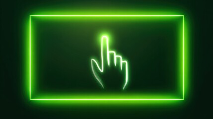 Luminous green hand icon within a rectangle, neon-style against dark background