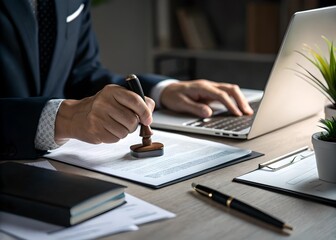 Business man stamping document approval with rubber stamp using laptop and working in office desk