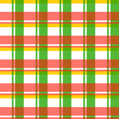 Plaid pattern of green coral pink brown and yellow stripes with white spaces creates a repeating checkered design