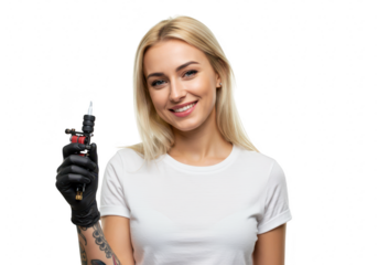A smiling blond woman, a tattoo artist, holds a tattoo machine in her gloved hand, isolated on a transparent background