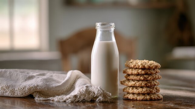 Glass milk bottle and homemade cookies styled with linen and natural light for rustic homestead lifestyle imagery