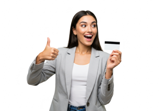 Excited woman holding a credit card and giving a thumbs up, isolated on transparent background