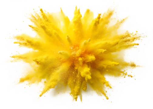 A vibrant yellow powder explosion creates an abstract burst isolated on transparent background - Powered by Adobe