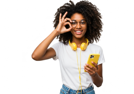 A happy young african american woman with headphones and glasses makes an ok sign, isolated on transparent background - Powered by Adobe