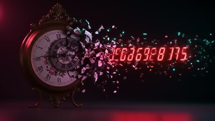 Elegant clock shattering into digital fragments, showcasing the clash between tradition and technology - Powered by Adobe