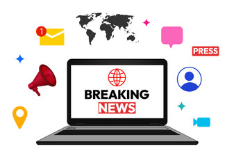 Breaking News infographics showing on the laptop with world map, megaphone and message floating around it, png news
