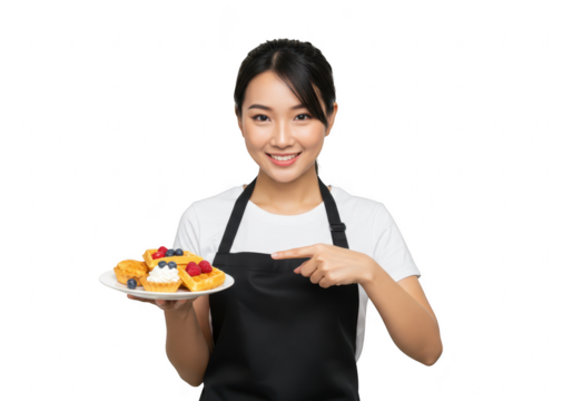 A smiling woman in an apron presents a plate of waffles with berries and cream, isolated on transparent background
