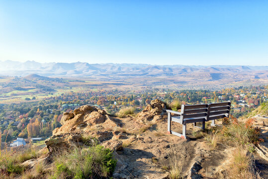 Bench on Clarens Mountain Trail. Clarens is visible down below