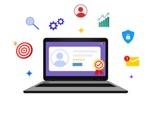 Employee of the month award concept design on the laptop screen with floating infographics, transparent