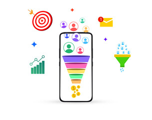 Funnels and profit generation concept showing on the smartphone screen with conversions and leads, png design