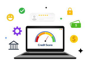 Laptop screen showing Credit score with banking concept design floating illustration, png