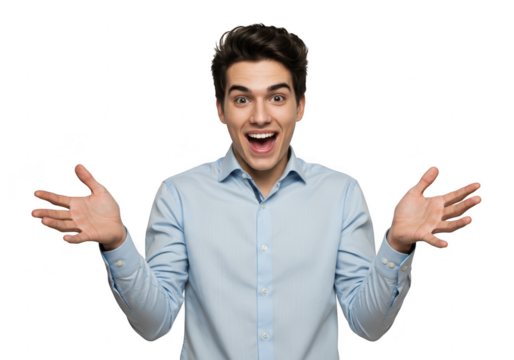 Young man with wide eyes and open hands expresses shock and excitement, isolated on transparent background