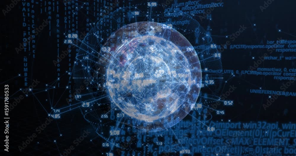 Poster faint blue sphere emerging in void forming radial mesh and scrolling code streams driving data flow