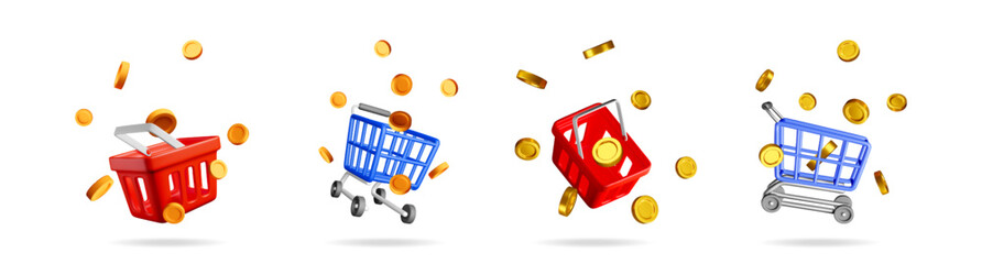 3d image of shopping baskets and carts with golden coins falling. Online shopping, retail, and discount concept for business promo.
