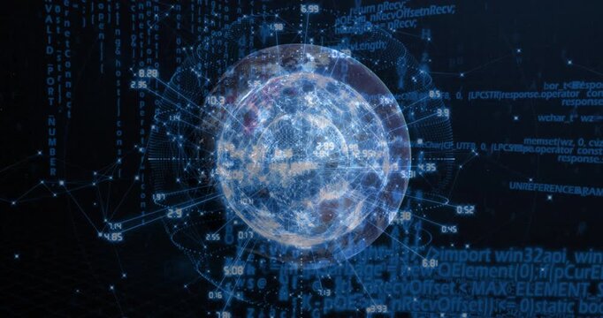 Faint blue sphere emerging in void forming radial mesh and scrolling code streams driving data flow