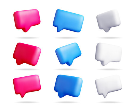 3d illustration set of glossy speech bubble. Three color variations of message icon for online communication. Online chat and dialogue graphic design element.