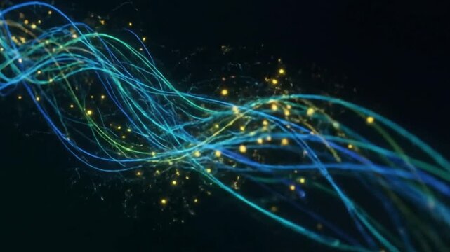 Wavy blue green and yellow streams against a dark backdrop punctuated by small bright dots